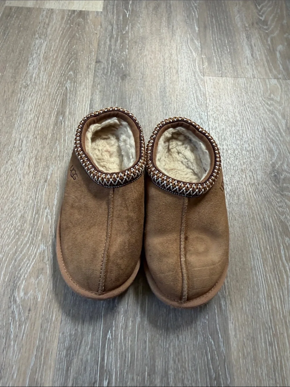 UGG Chestnut Suede Shearling Slip-On Slippers with Beaded Trim